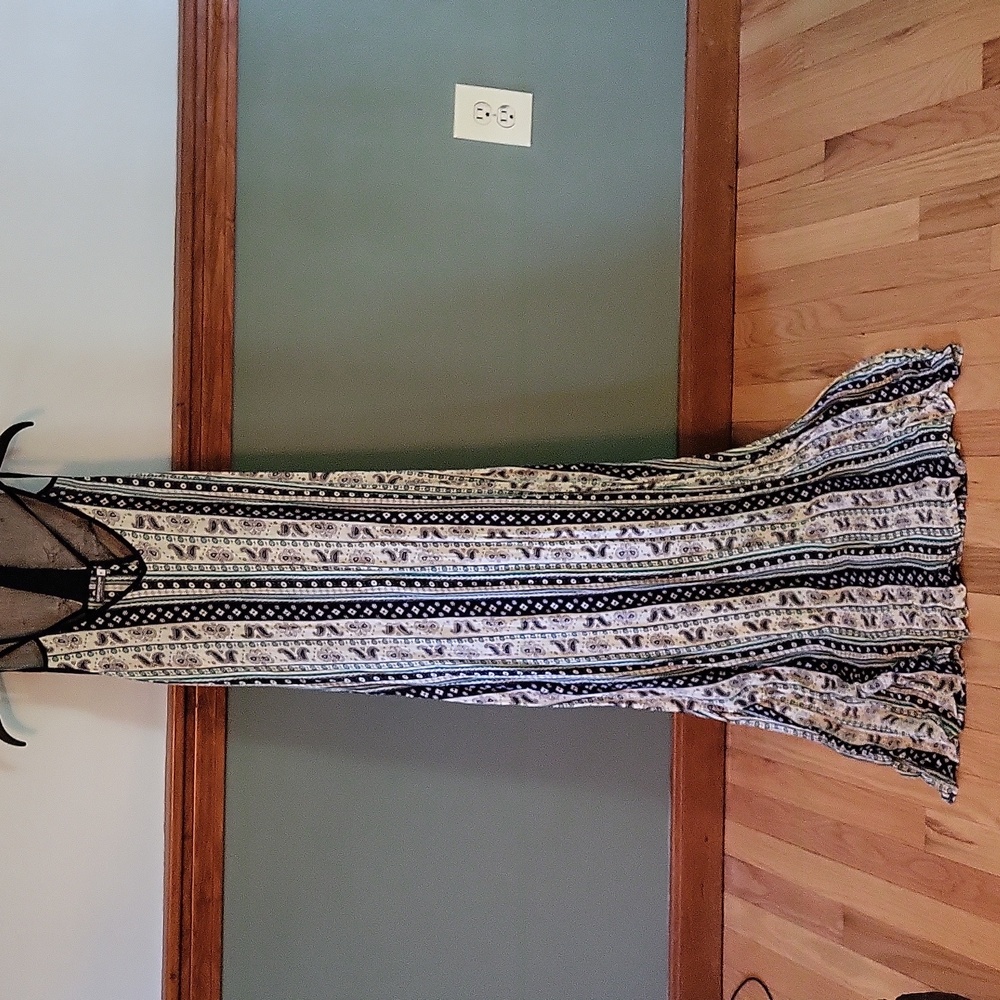 EARTHBOUND Black and Cream Striped Maxi Dress with Mesh Yoke